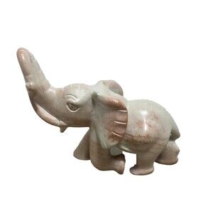 Elephant Figurine Hand Carved Pink Marble Trunk Up Vintage Decor Figurine